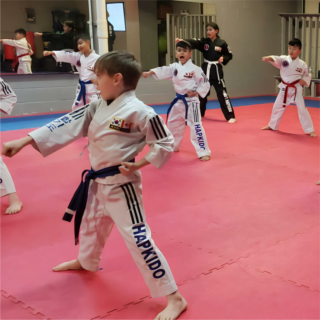 martial arts kids class practicing punching at well reviewed Hapkido school in Port Moody Vancouver Canada